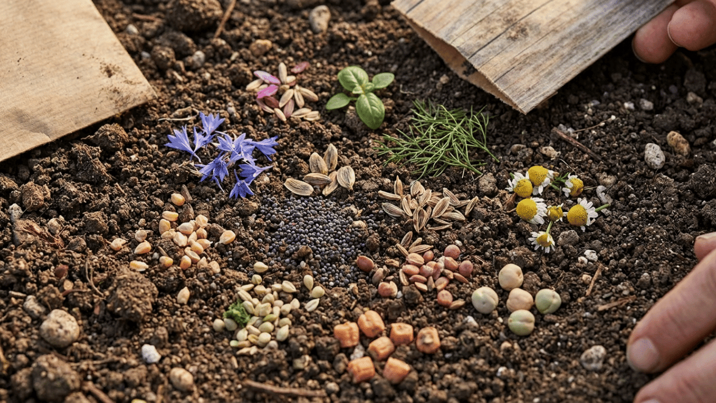 assorted flower and vegetable seeds arranged on soil beside herbs petals and hands holding wooden garden markers