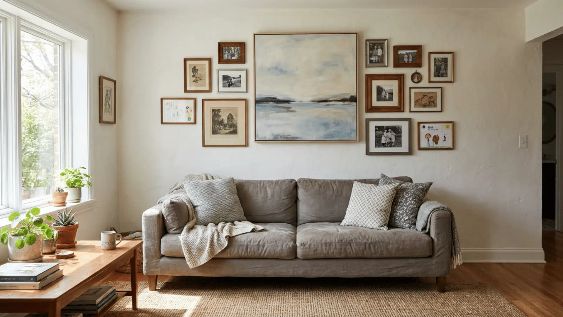 asymmetrical gallery wall with large artwork surrounded by smaller framed pieces