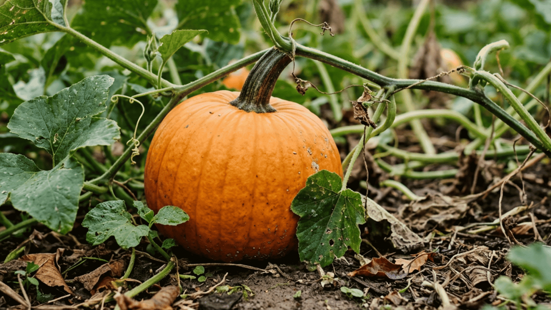 autumg gold pumpkin growing on dark garden soil surrounded by green vines curling tendrils and broad leaves