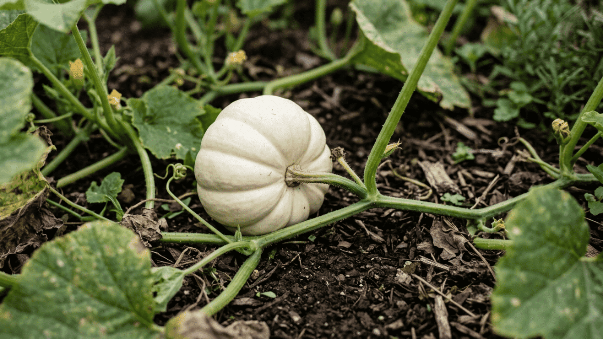 baby boo pumpkin growing on dark garden soil surrounded by green vines curling tendrils