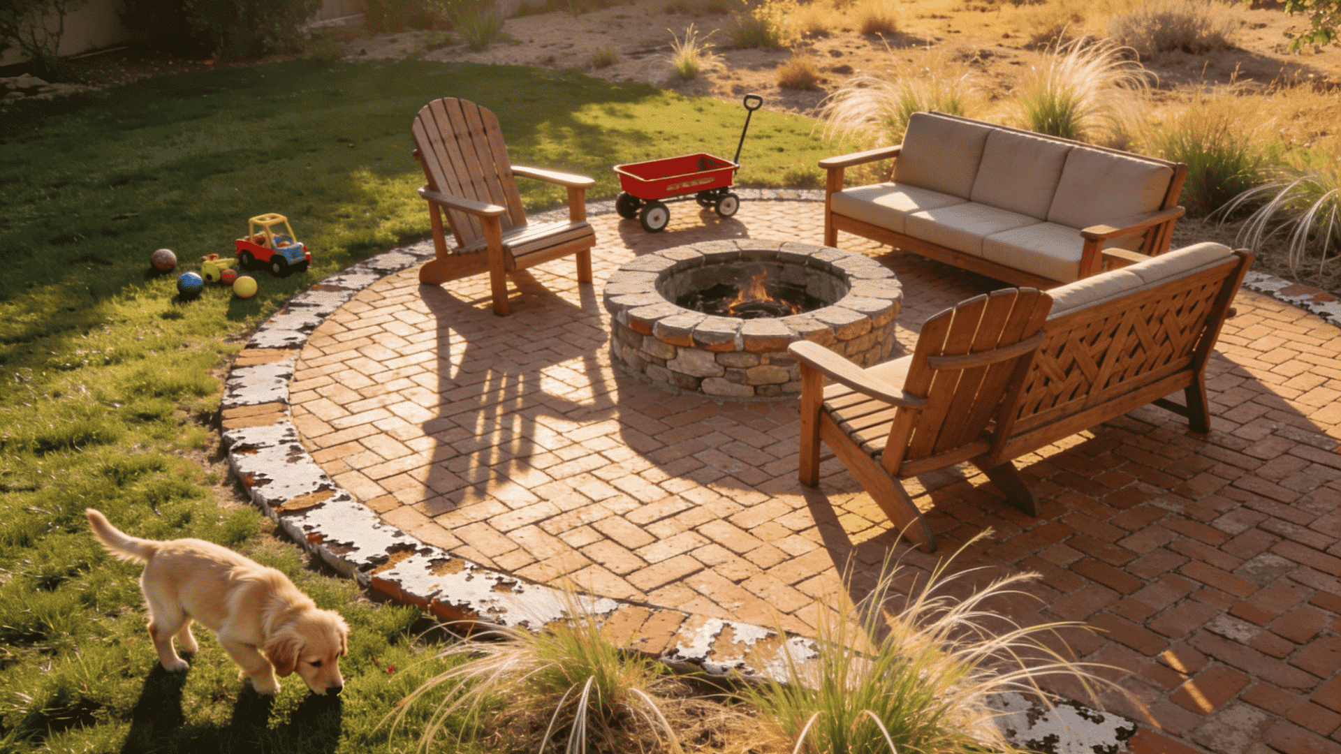 Backyard fire pit area with wooden seating and a small dog exploring nearby.