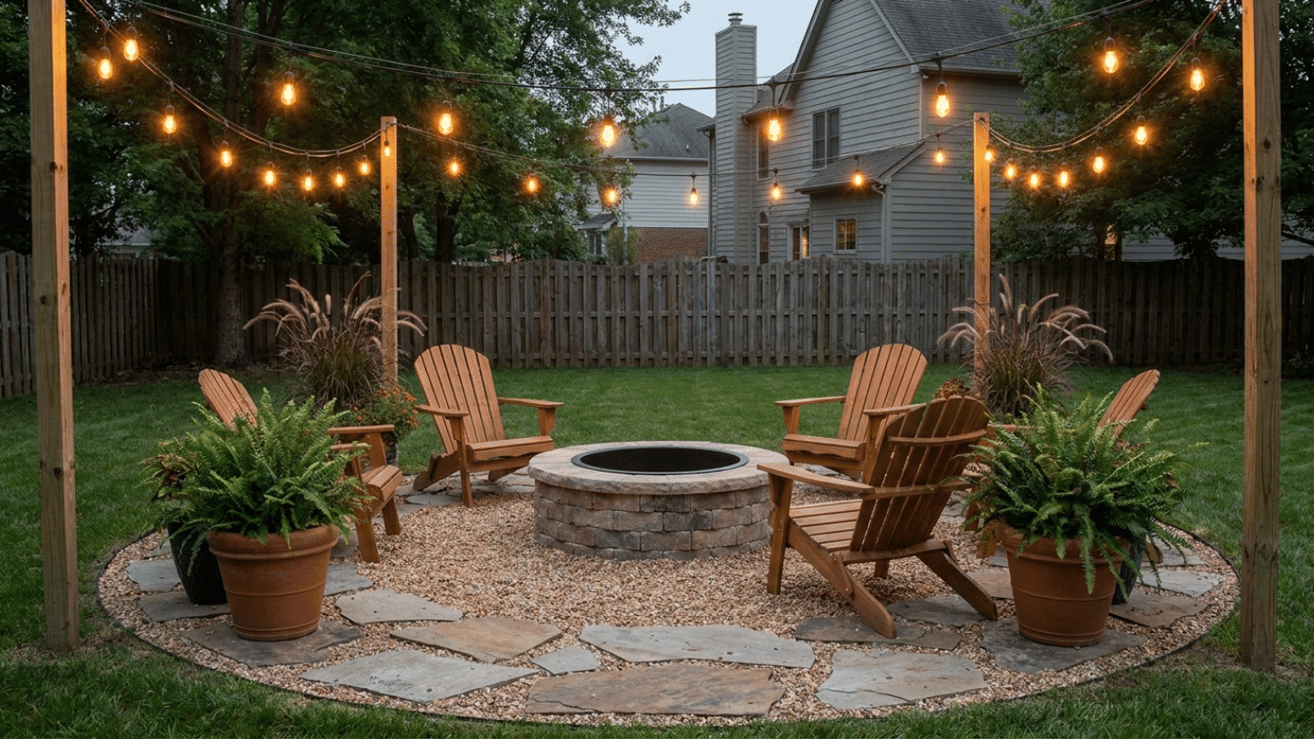 backyard fire pit seating area with wooden chairs string lights and potted plants on circular gravel patio