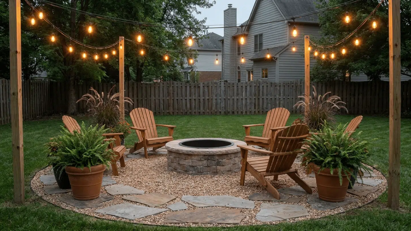 backyard fire pit seating area with wooden chairs string lights and potted plants on circular gravel patio