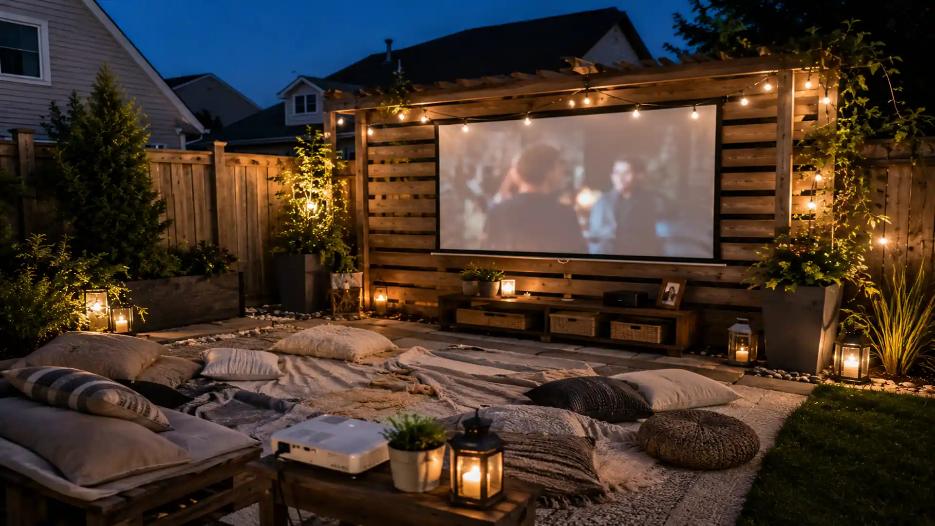 cozy suburban backyard movie setup with projector screen, floor cushions, lantern lighting, and wood privacy wall at night