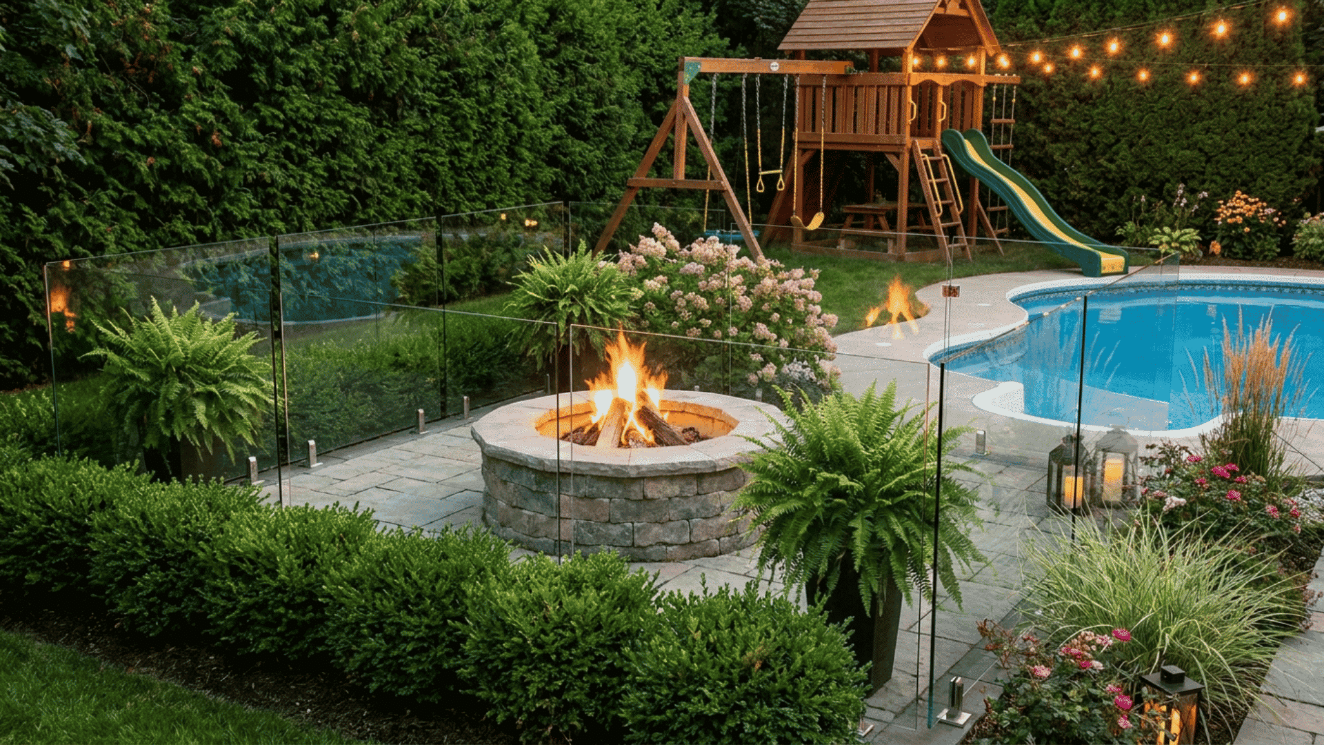 Backyard oasis with a stone fire pit, glass fence, pool, lush greenery, and a kids’ playset.