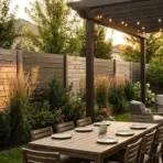 modern backyard patio with pergola dining area, lounge seating, privacy fence, and warm string lights at sunset