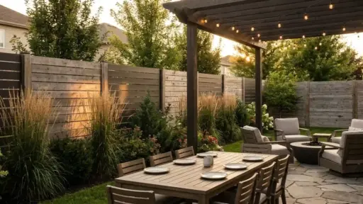 modern backyard patio with pergola dining area, lounge seating, privacy fence, and warm string lights at sunset