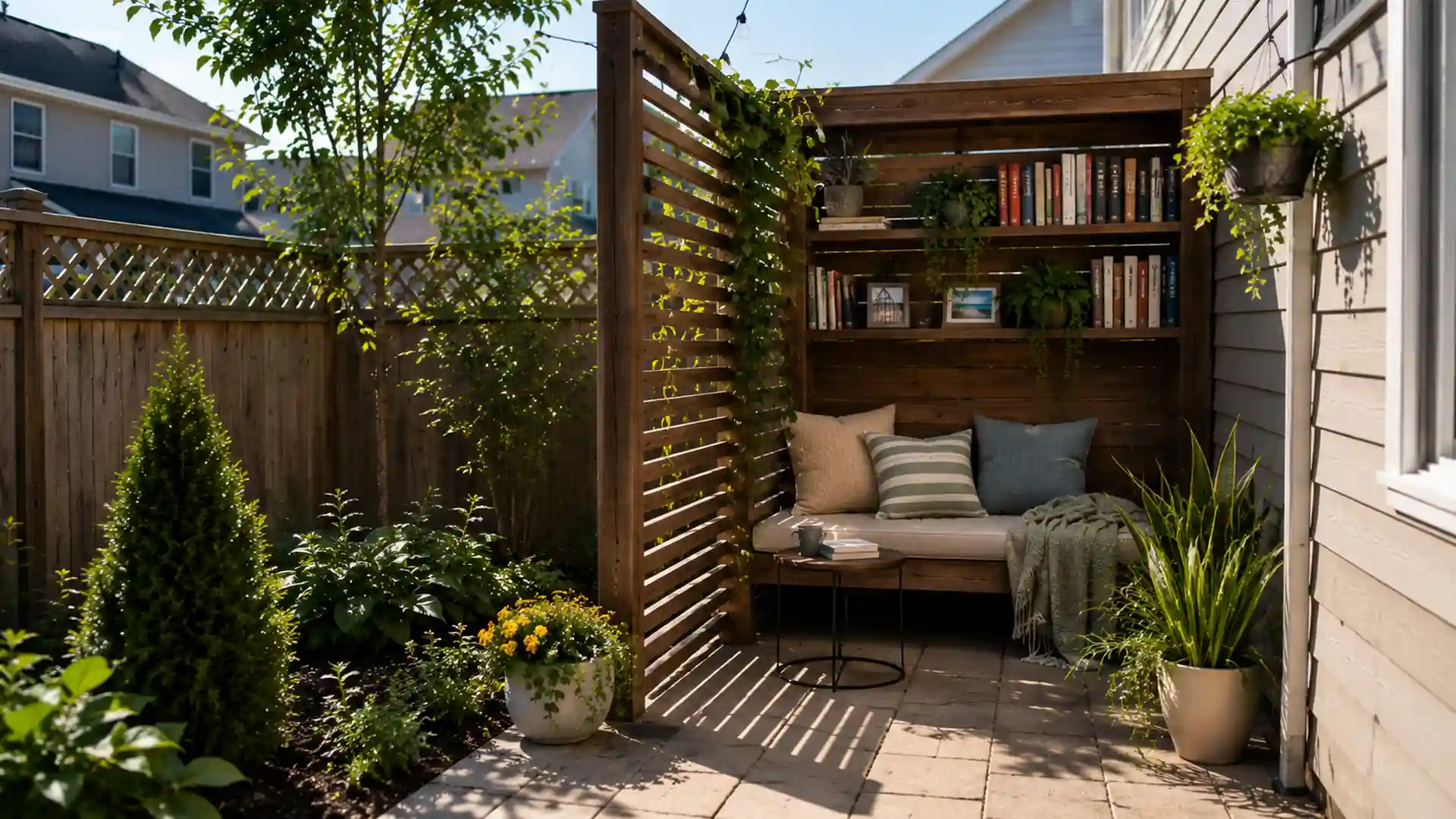 small backyard reading nook with wood privacy screens, bookshelf seating, and natural daylight in a suburban yard