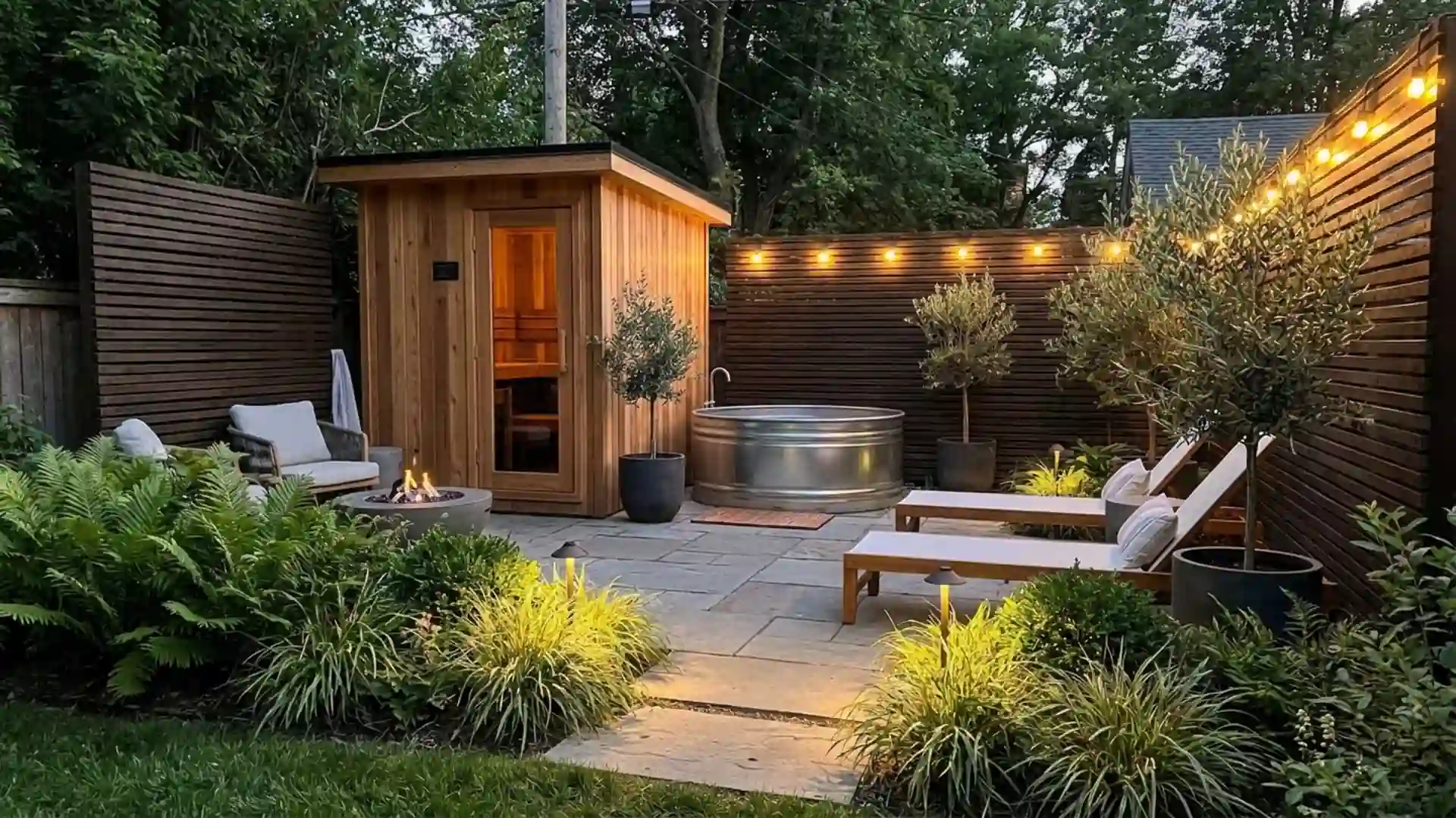 modern backyard sauna and cold plunge area with wood privacy walls, lounge chairs, and warm outdoor lighting