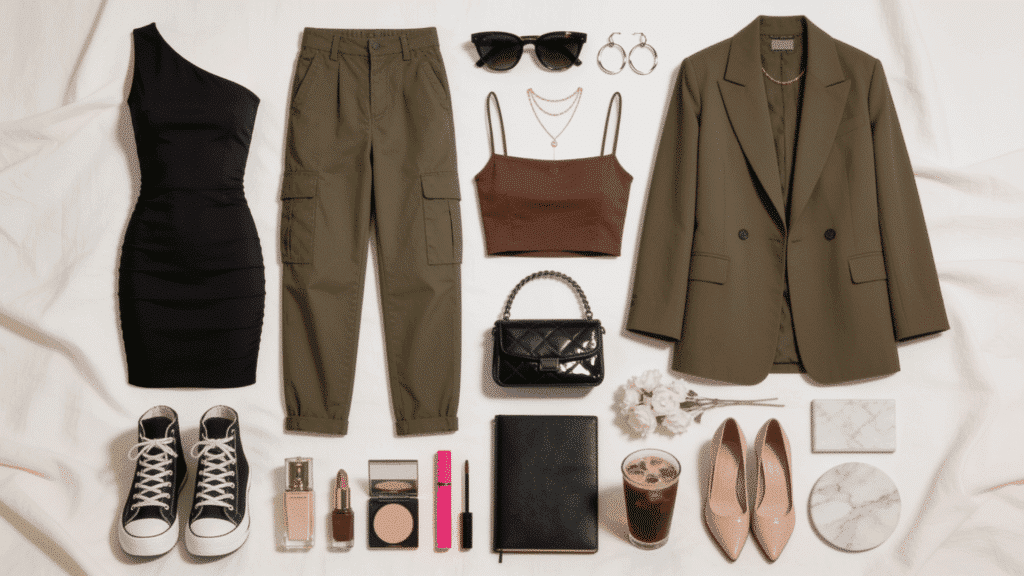 baddie aesthetic with fitted clothing structured handbag hoop earrings and glamorous fashion accessories