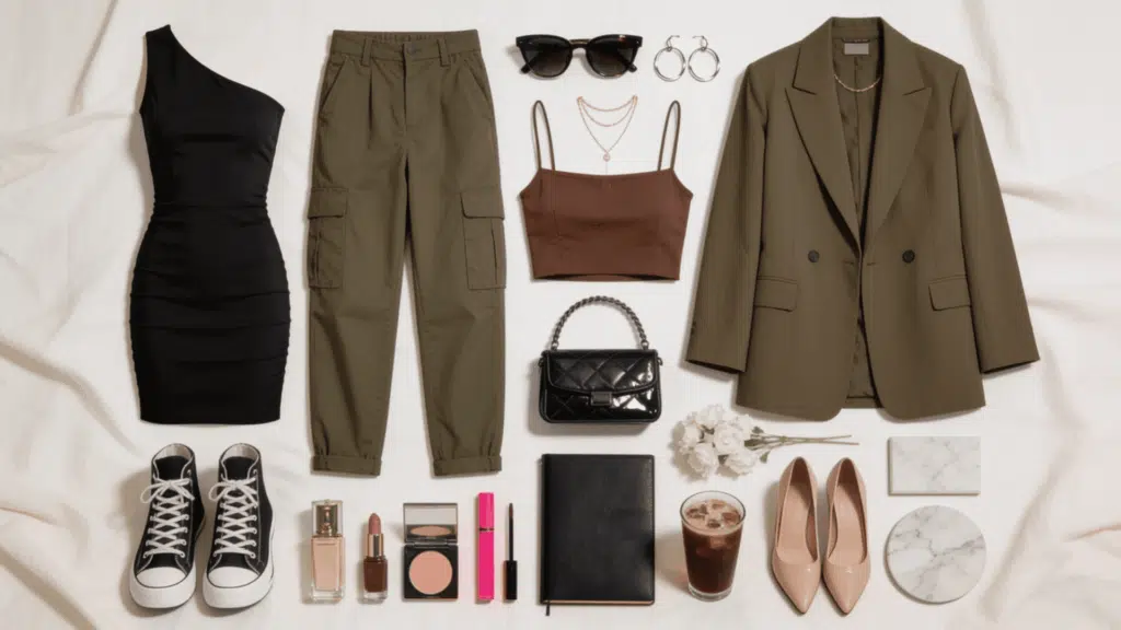 baddie aesthetic with fitted clothing structured handbag hoop earrings and glamorous fashion accessories