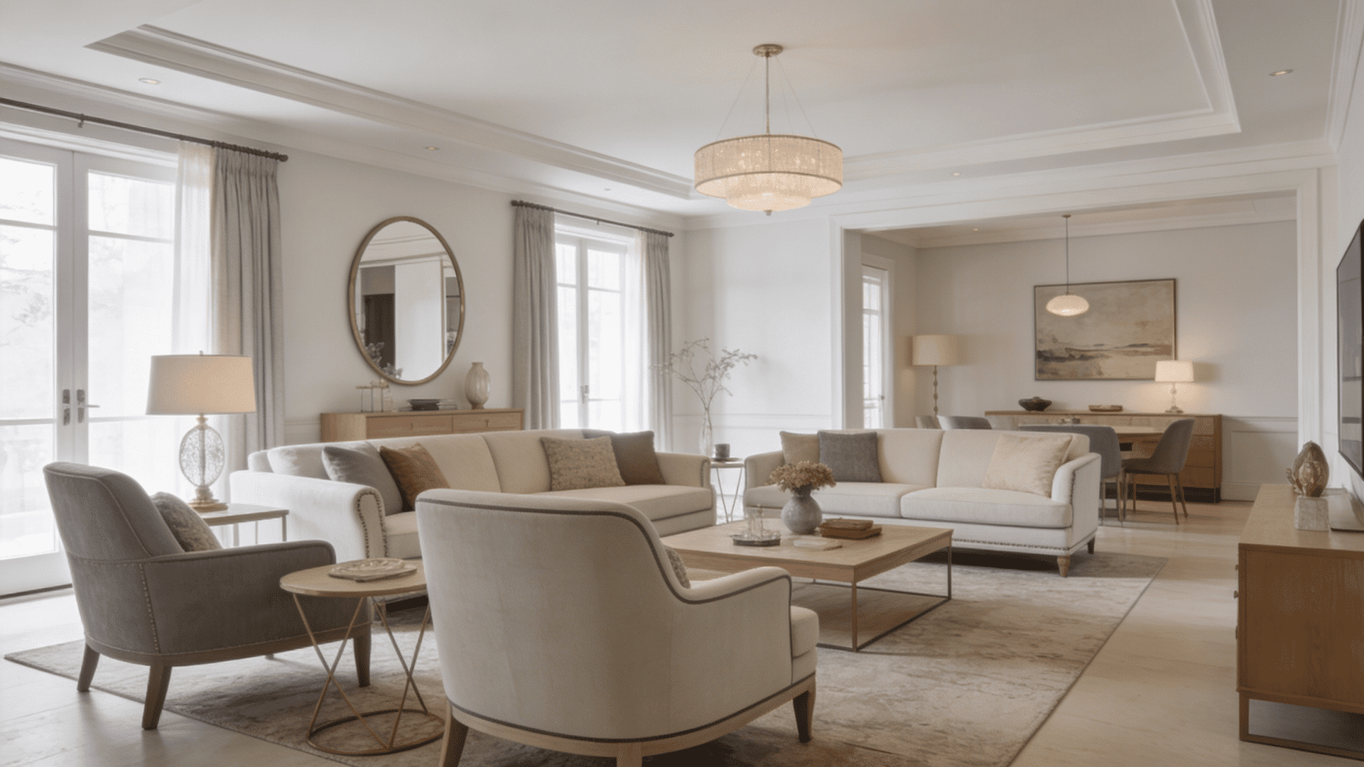 balanced drawing room blending classic and modern furniture neutral tones layered textures and clean comfortable layout