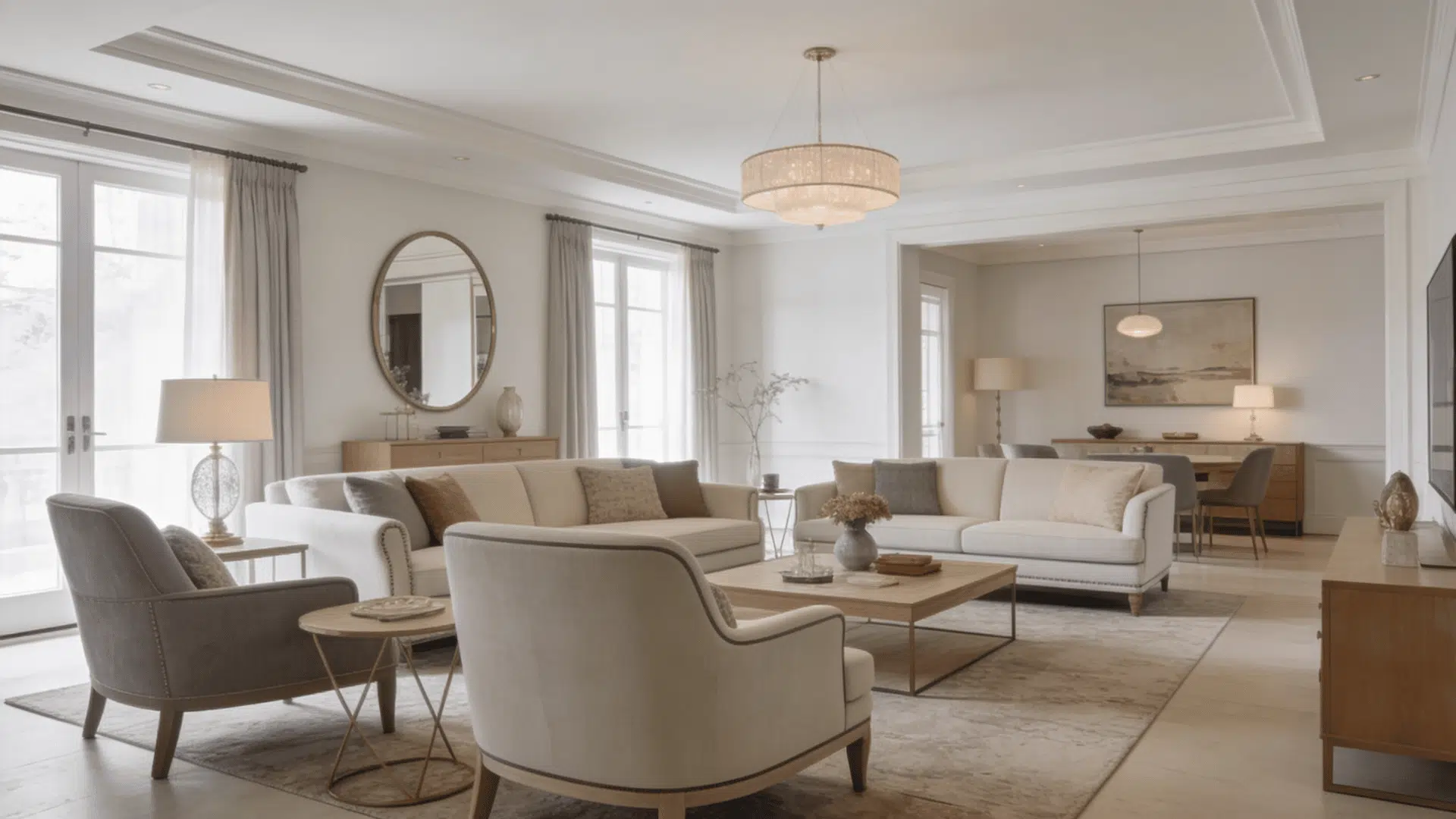 balanced drawing room blending classic and modern furniture neutral tones layered textures and clean comfortable layout