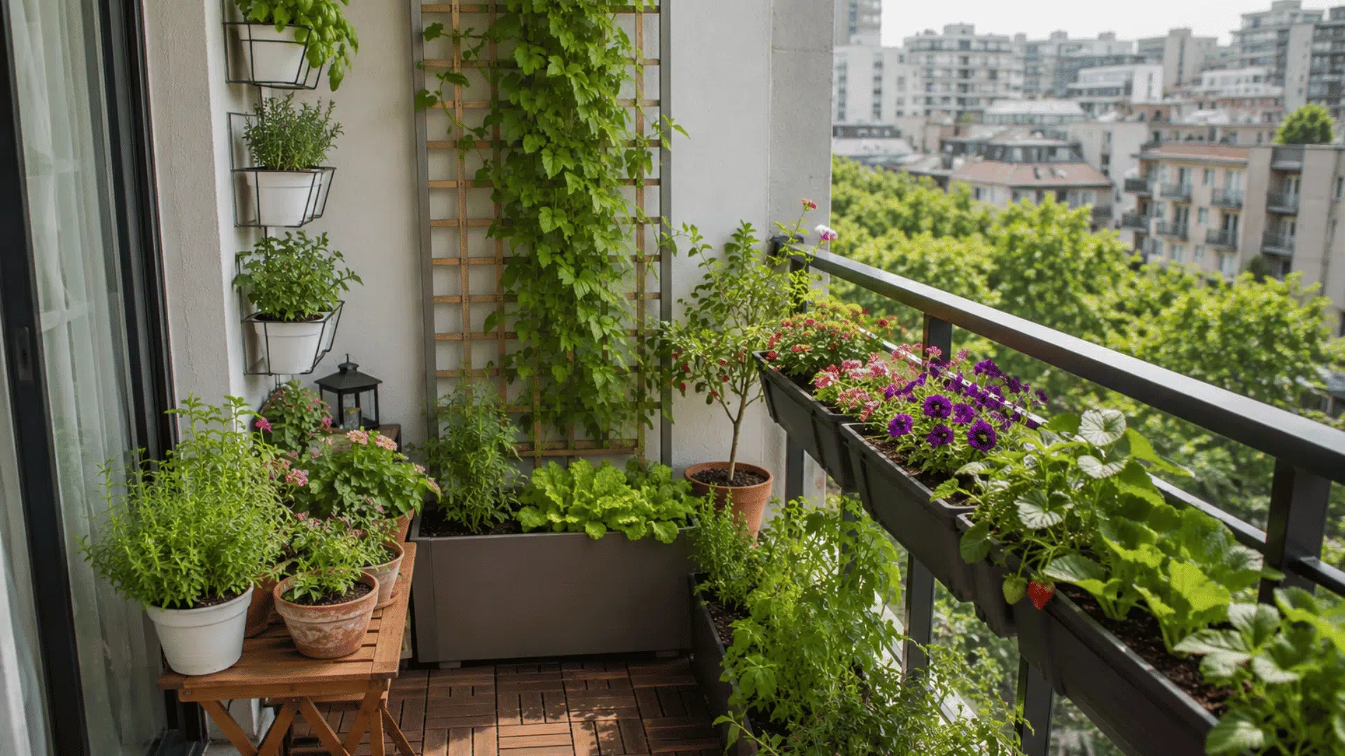 balcony garden with containers railing planters and compact edible plantings
