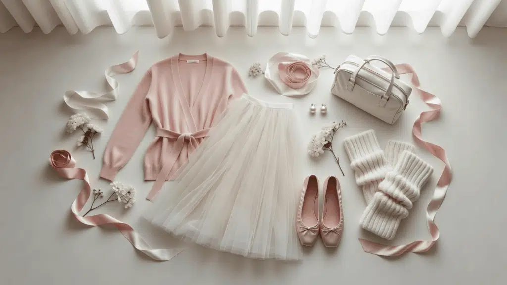 balletcore aesthetic with wrap cardigan tulle skirt ballet flats and soft pink fashion accessories