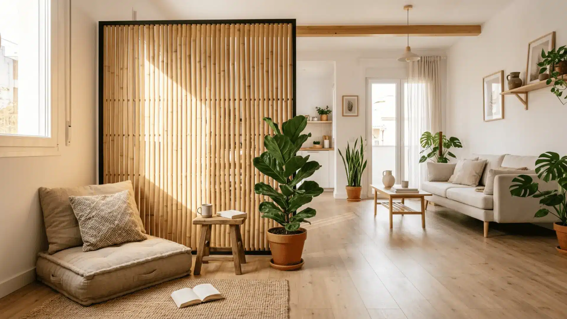 sunlit boho living room with bamboo divider floor cushions potted plants cream sofa and natural wood floors