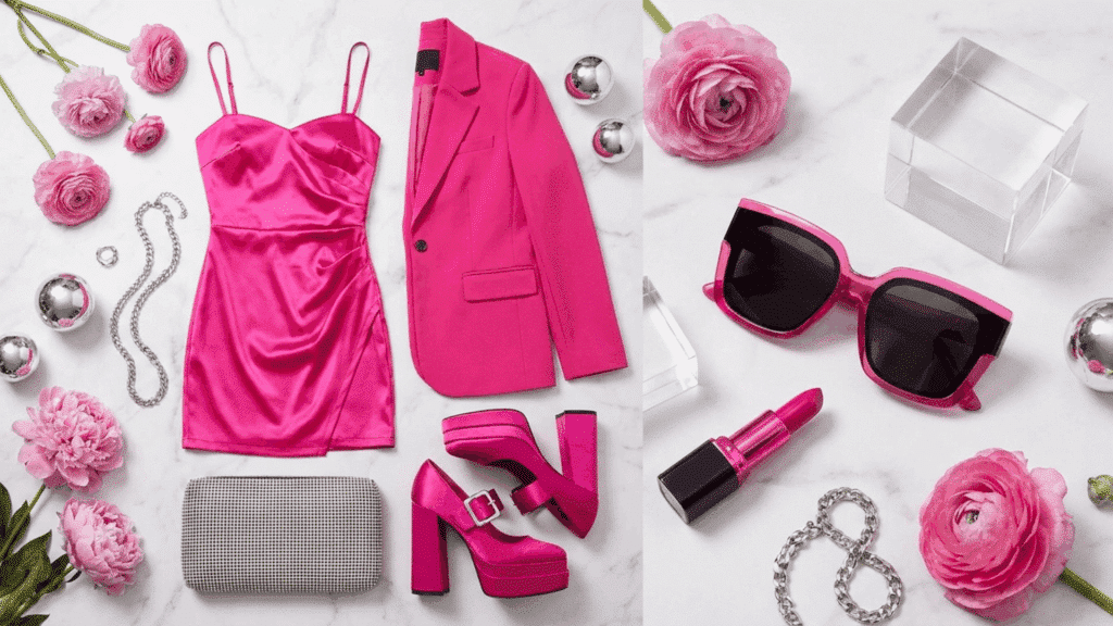 barbiecore aesthetic featuring bright pink clothing platform heels glamorous accessories and bold fashion