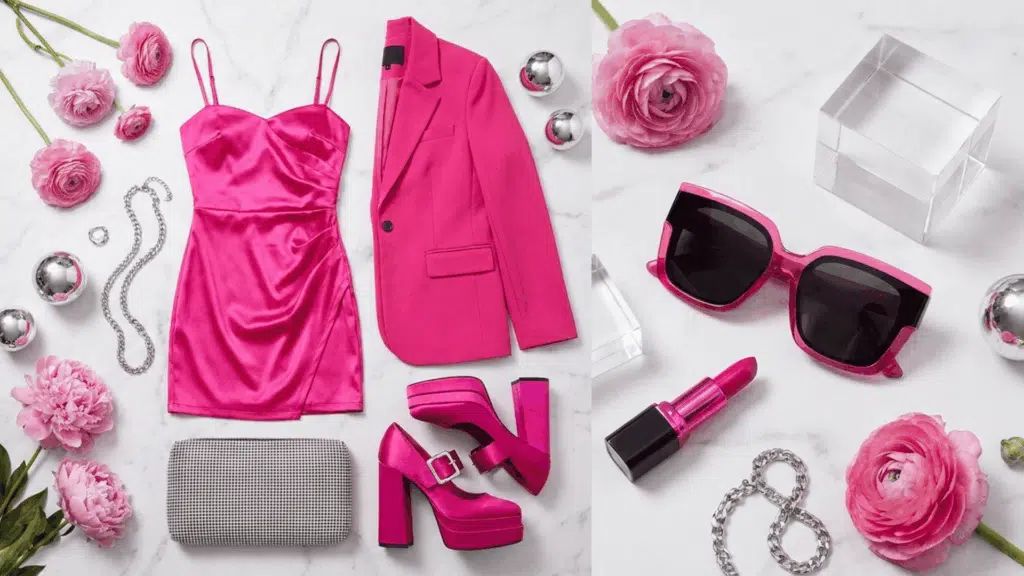 barbiecore aesthetic featuring bright pink clothing platform heels glamorous accessories and bold fashion