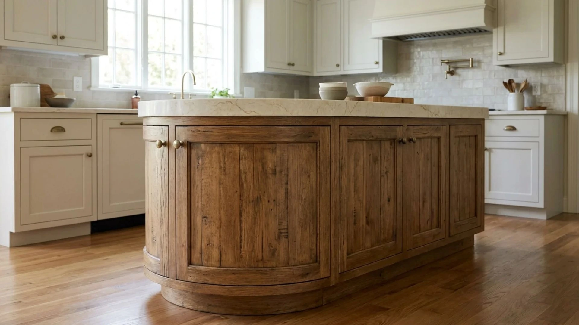 barrel shaped kitchen island with curved reclaimed wood cabinets and cream stone countertop