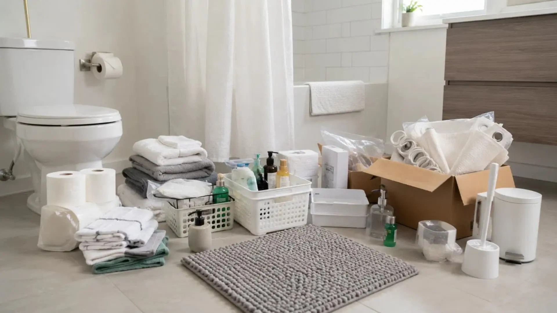 setting up bathroom essentials including towels toiletries a bath mat and shower supplies