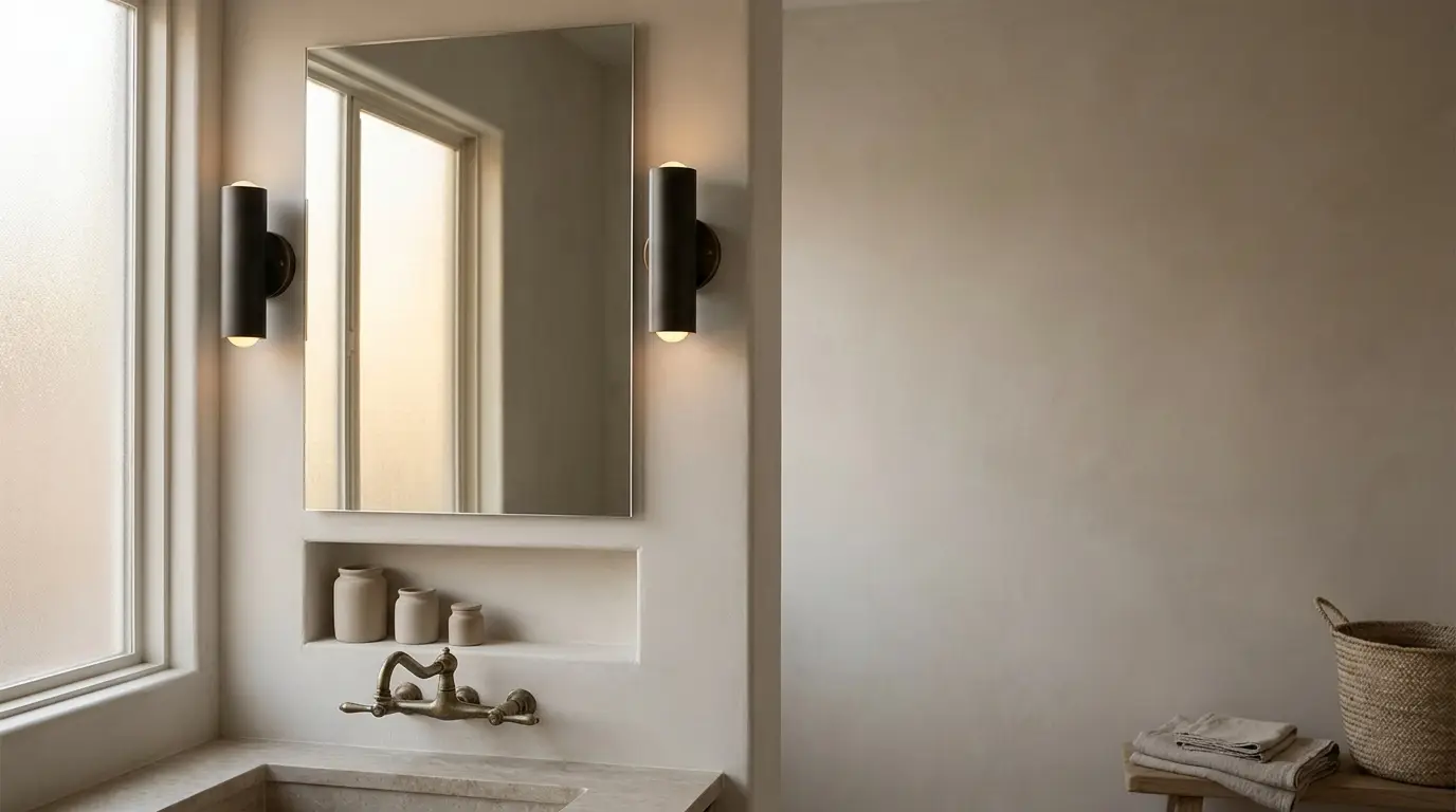 Modern bathroom with large mirror, stone sink, and wall sconces in soft natural lighting