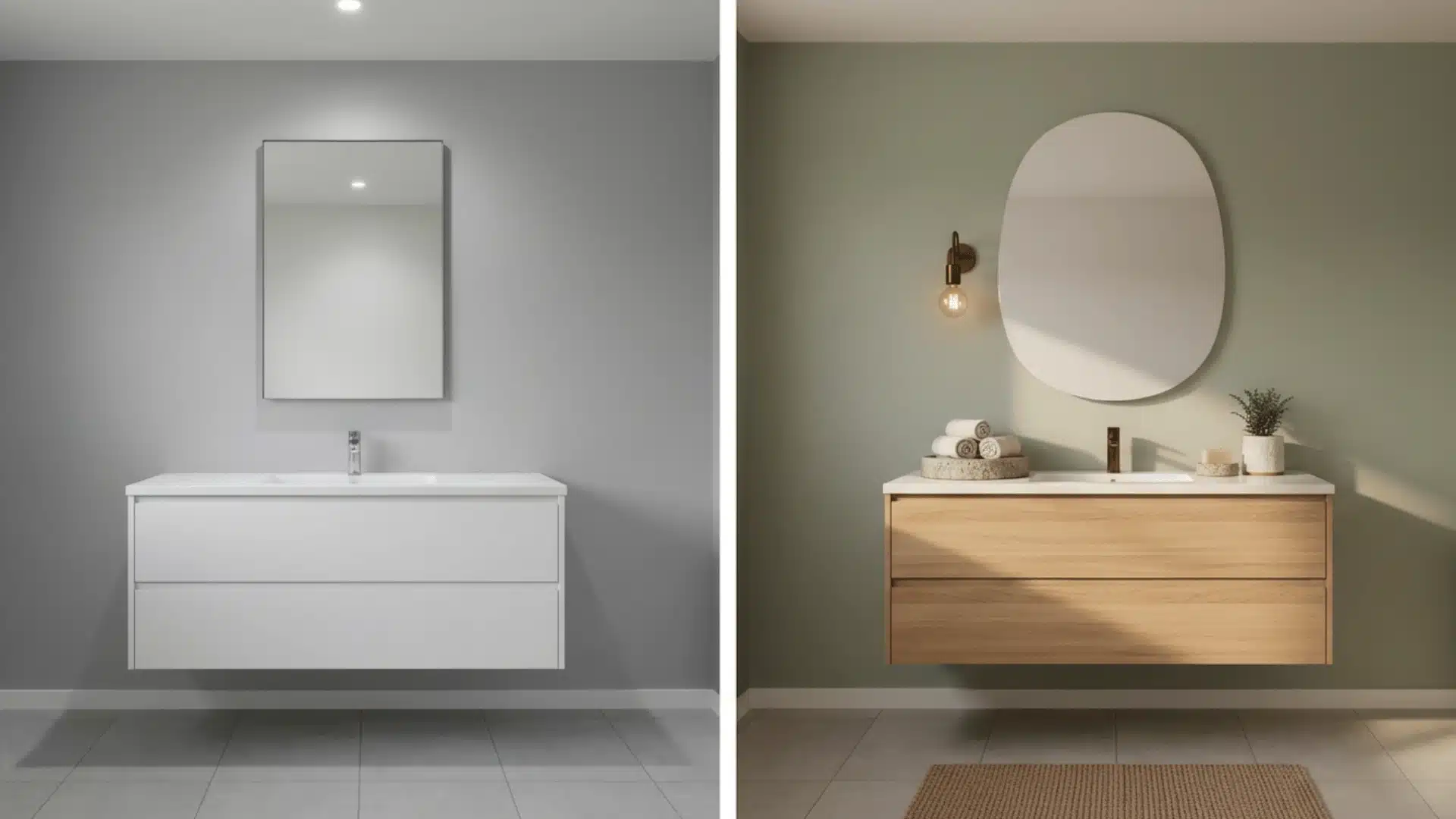 sage bathroom before and after with wood vanity curved mirror linen towels stone tray and soft lighting