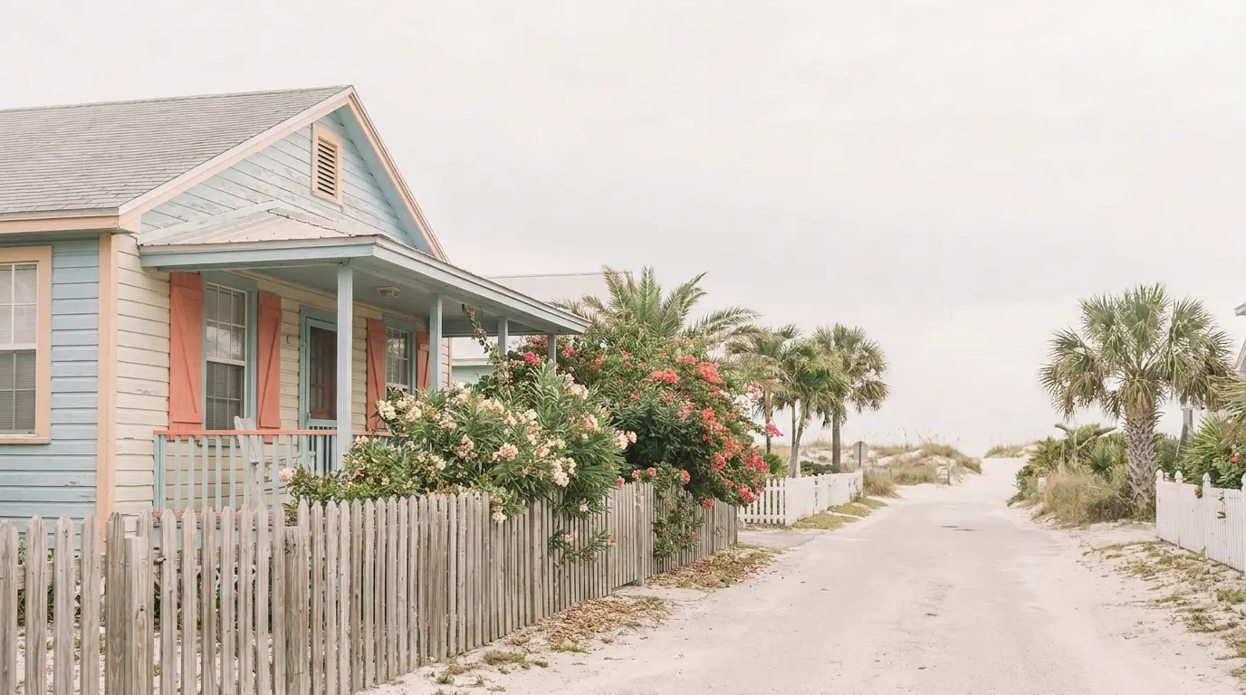 Pastel beach house with coral shutters beside sandy road and palm trees