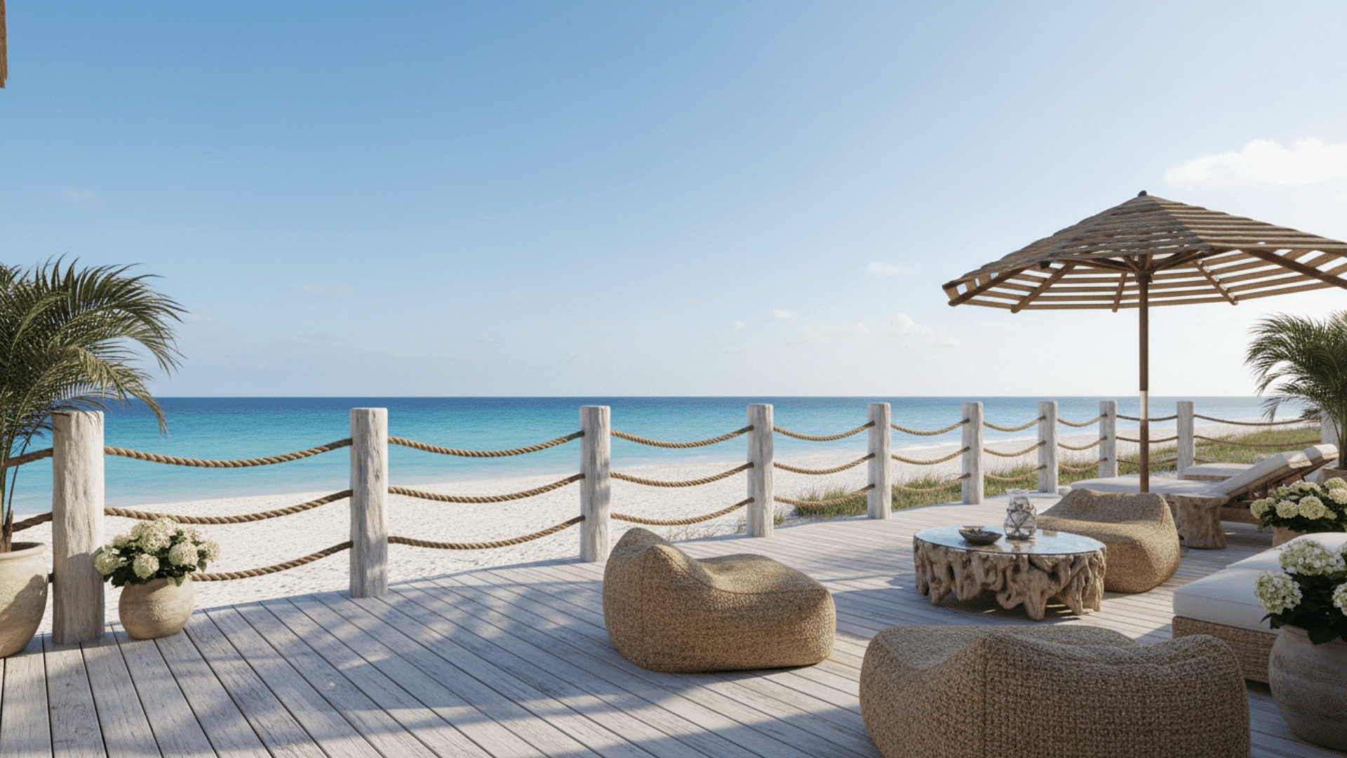 beachfront deck with rope railing wicker seats umbrella and ocean view under a bright blue sky