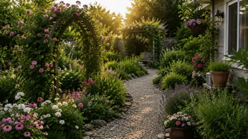 beautiful landscaped backyard garden with flowering borders winding path arbors and pergola seating area (1)