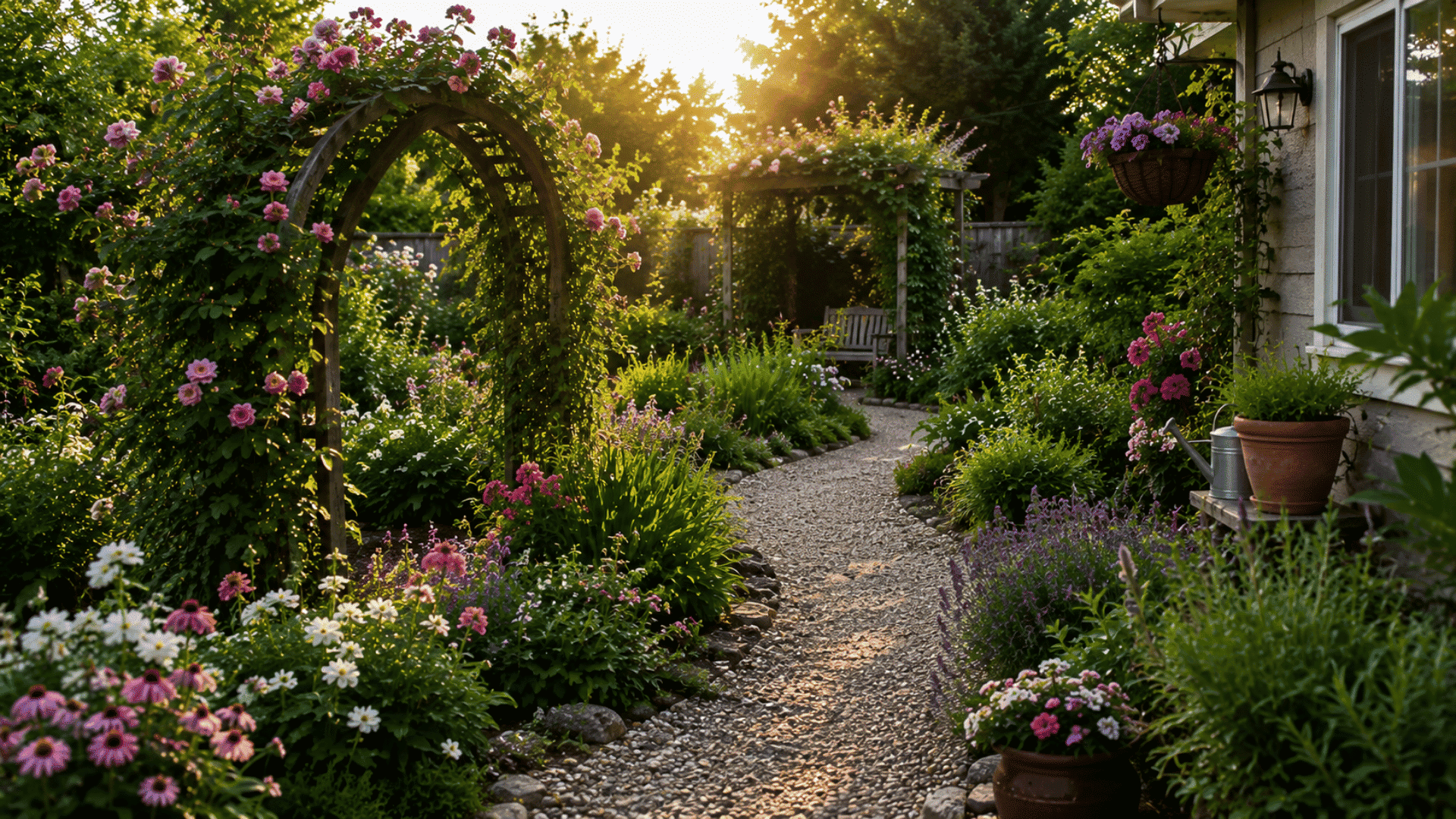 beautiful landscaped backyard garden with flowering borders winding path arbors and pergola seating area (1)