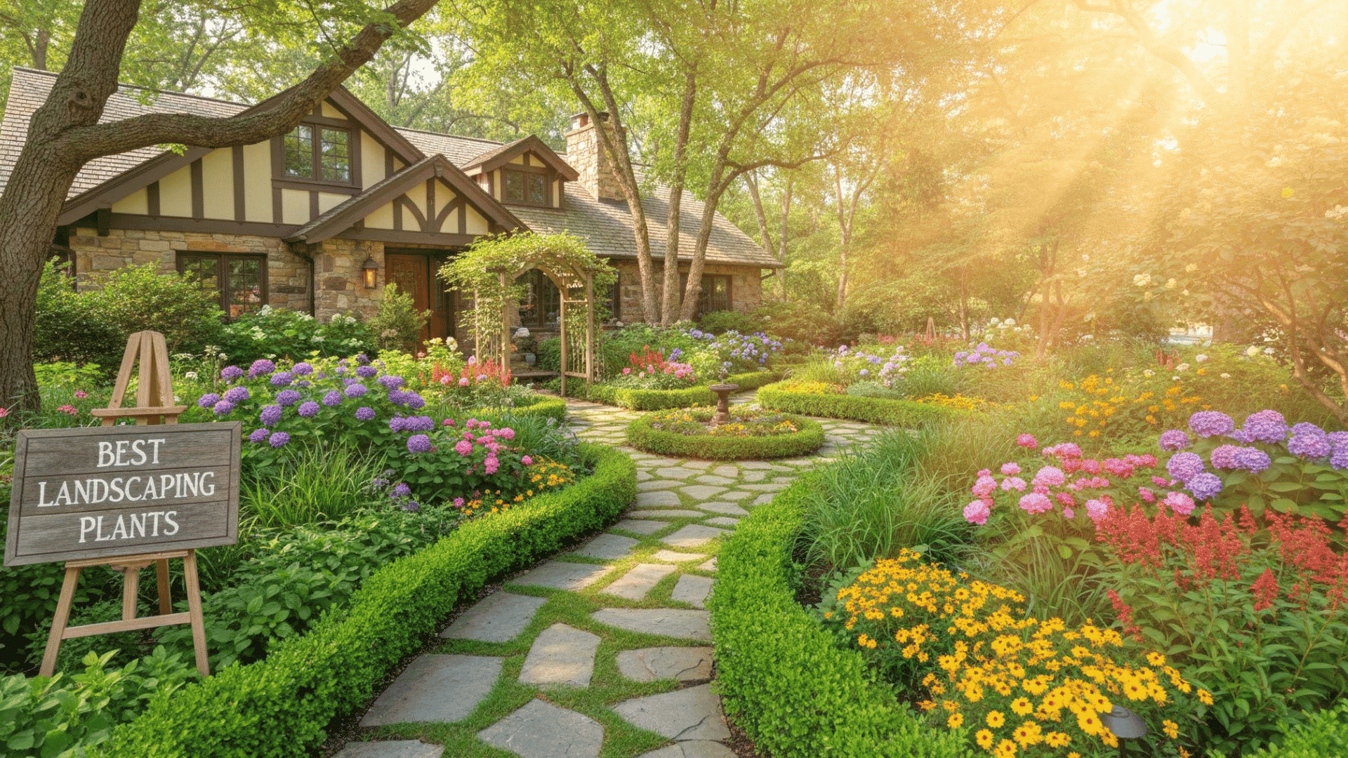 beautiful low maintenance landscaping plants arranged in a balanced front yard garden design