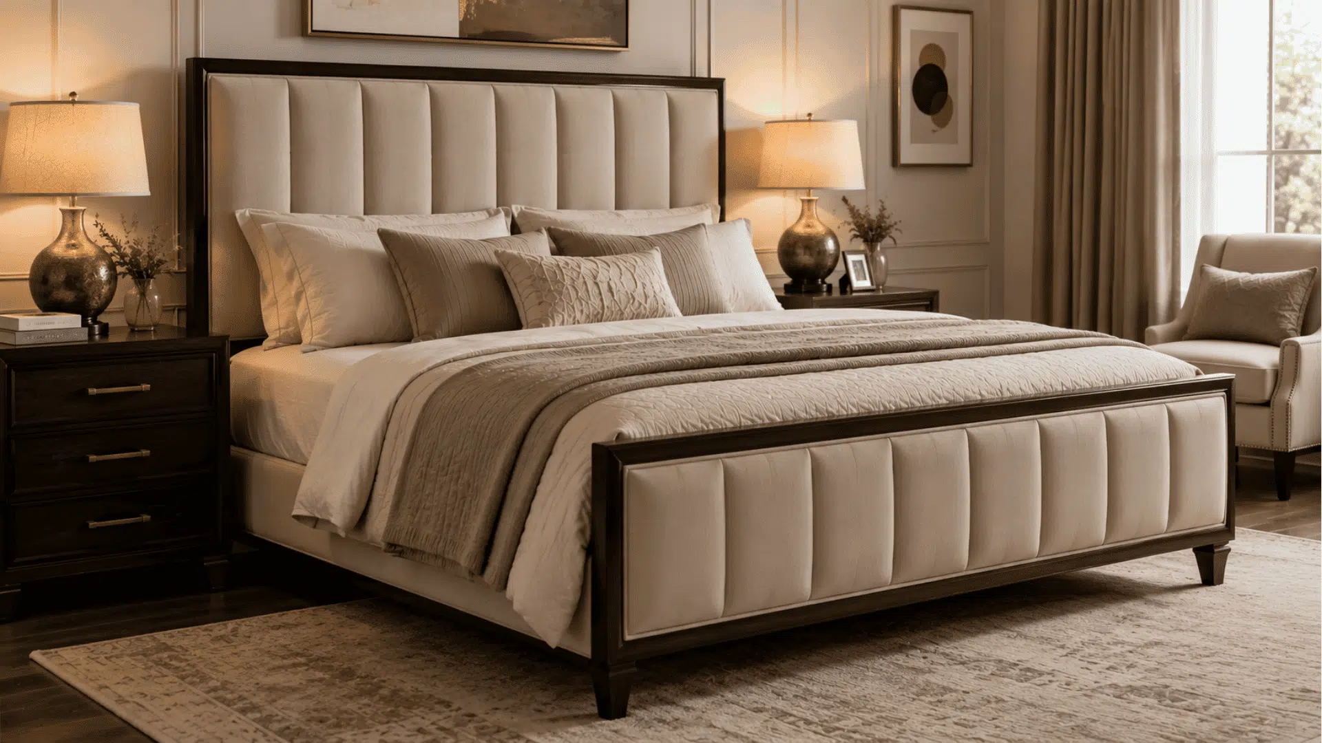 bed with upholstered headboard and footboard panels providing soft support and added bedroom comfort