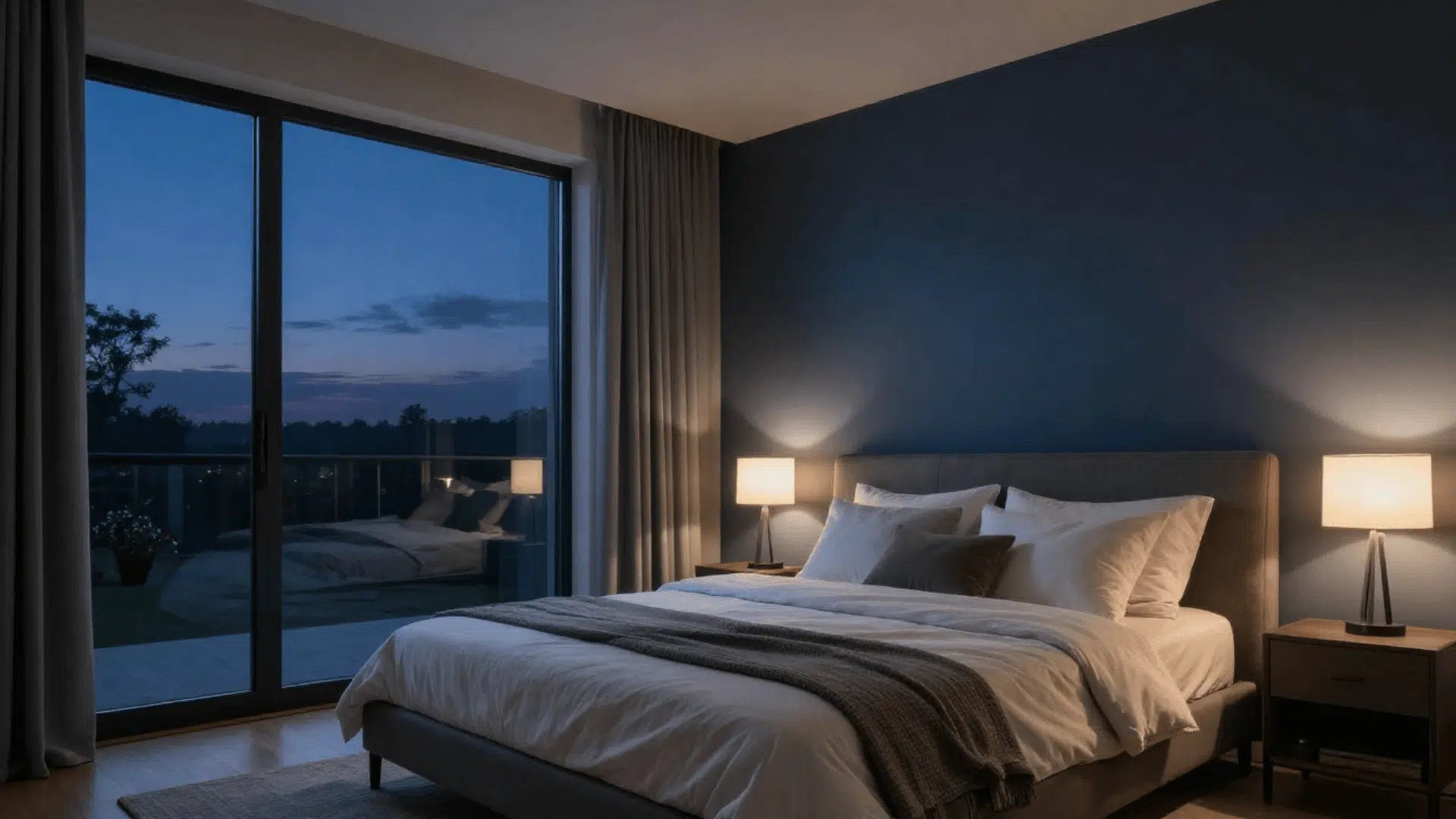 bedroom with a large window showing a twilight sky, a made bed with white linens and a gray throw blanket