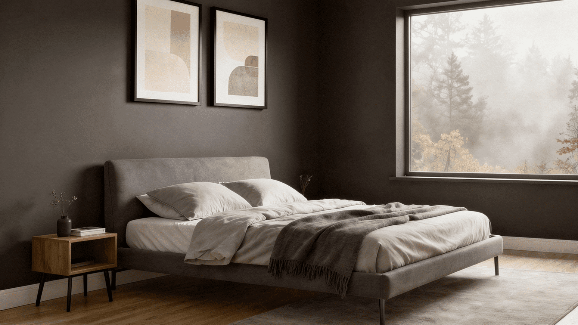 bedroom with a matte finish grey upholstered bed, two framed abstract art pieces on the wall