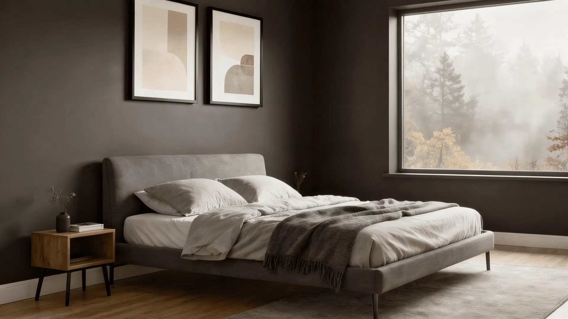 bedroom with a matte finish grey upholstered bed, two framed abstract art pieces on the wall