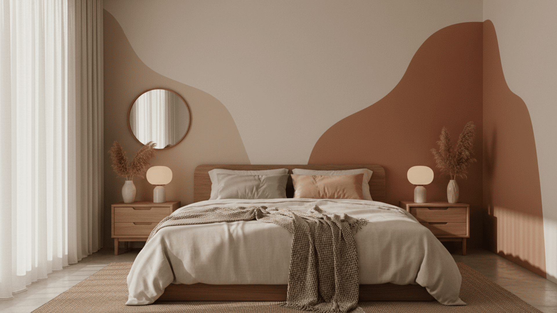bedroom with curved wall paint shapes warm neutral decor and cozy modern interior