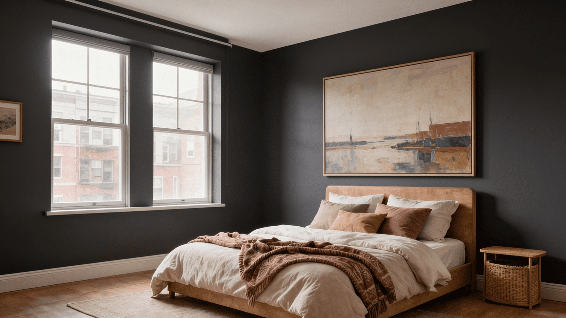 bedroom with dark gray walls a wooden bed with linen bedding and a large abstract painting on semi gloss paint finish