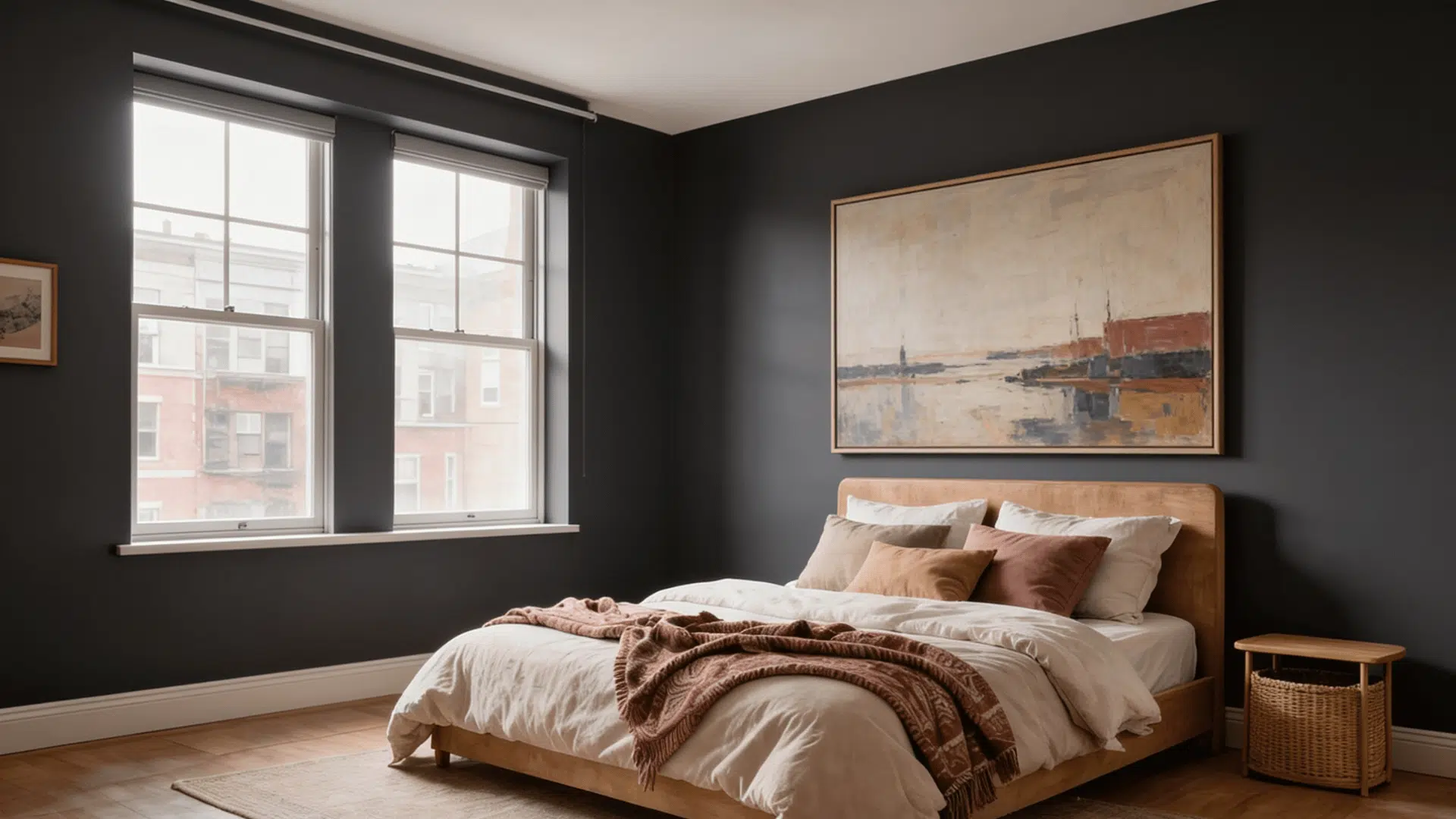 bedroom with dark gray walls a wooden bed with linen bedding and a large abstract painting on semi gloss paint finish