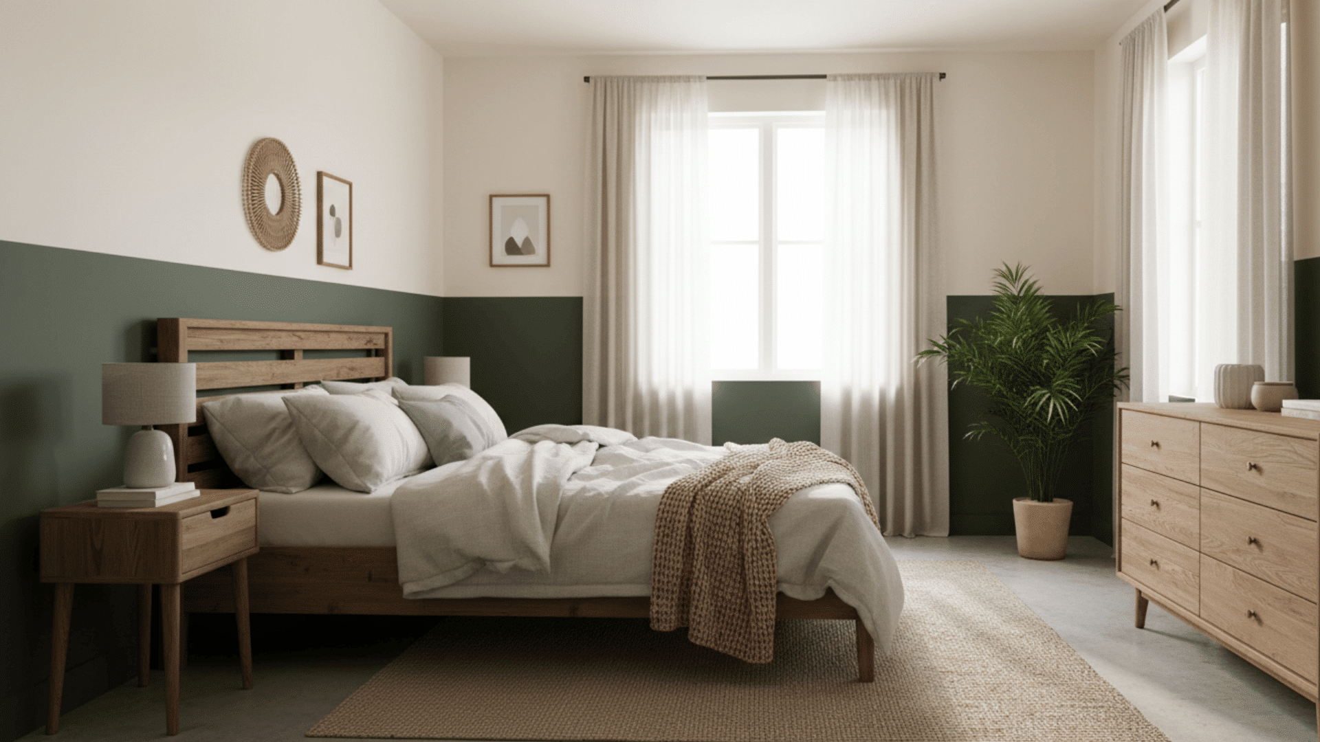 bedroom with half painted olive green walls cream upper section and cozy modern decor