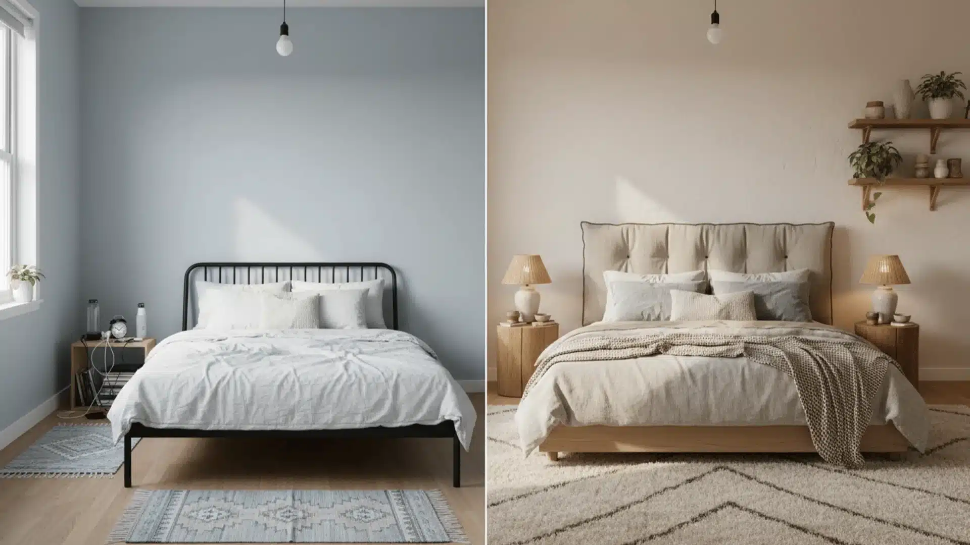 linen bedding low wood bed warm lamps and soft rug show a bedroom before and after organic modern styling