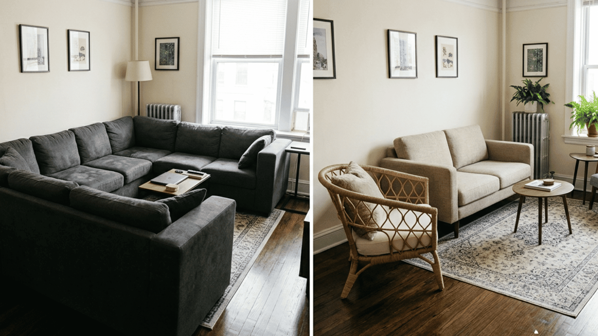 before and after comparison showing a small living room first overcrowded with a large dark sectional sofa then transformed with a smaller beige sofa a rattan chair and more open floor space