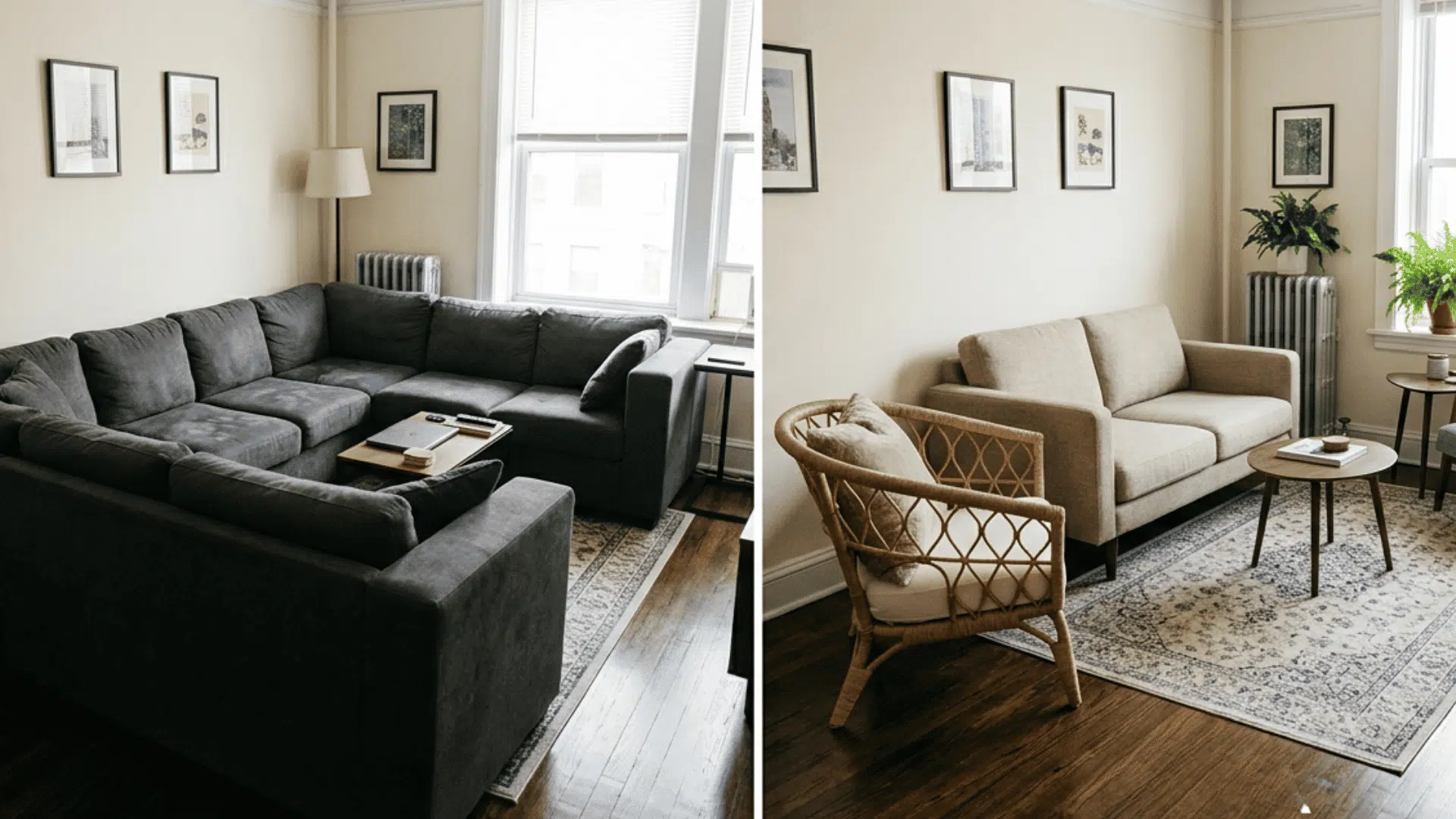 before and after comparison showing a small living room first overcrowded with a large dark sectional sofa then transformed with a smaller beige sofa a rattan chair and more open floor space