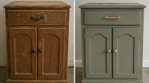 before and after furniture flipping makeover of a worn wooden cabinet restored with fresh paint, modern hardware, and a refined finish
