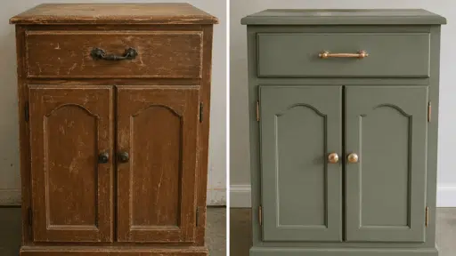before and after furniture flipping makeover of a worn wooden cabinet restored with fresh paint, modern hardware, and a refined finish