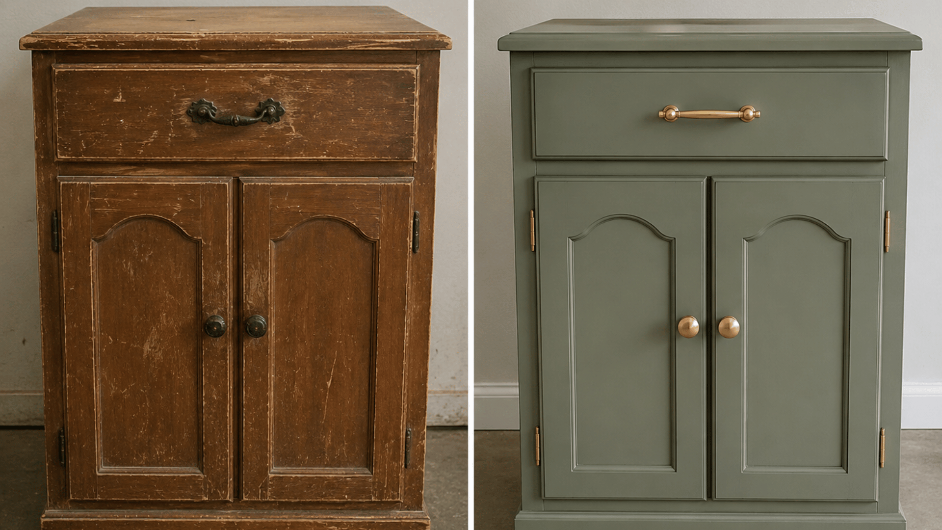 before and after furniture flipping makeover of a worn wooden cabinet restored with fresh paint, modern hardware, and a refined finish