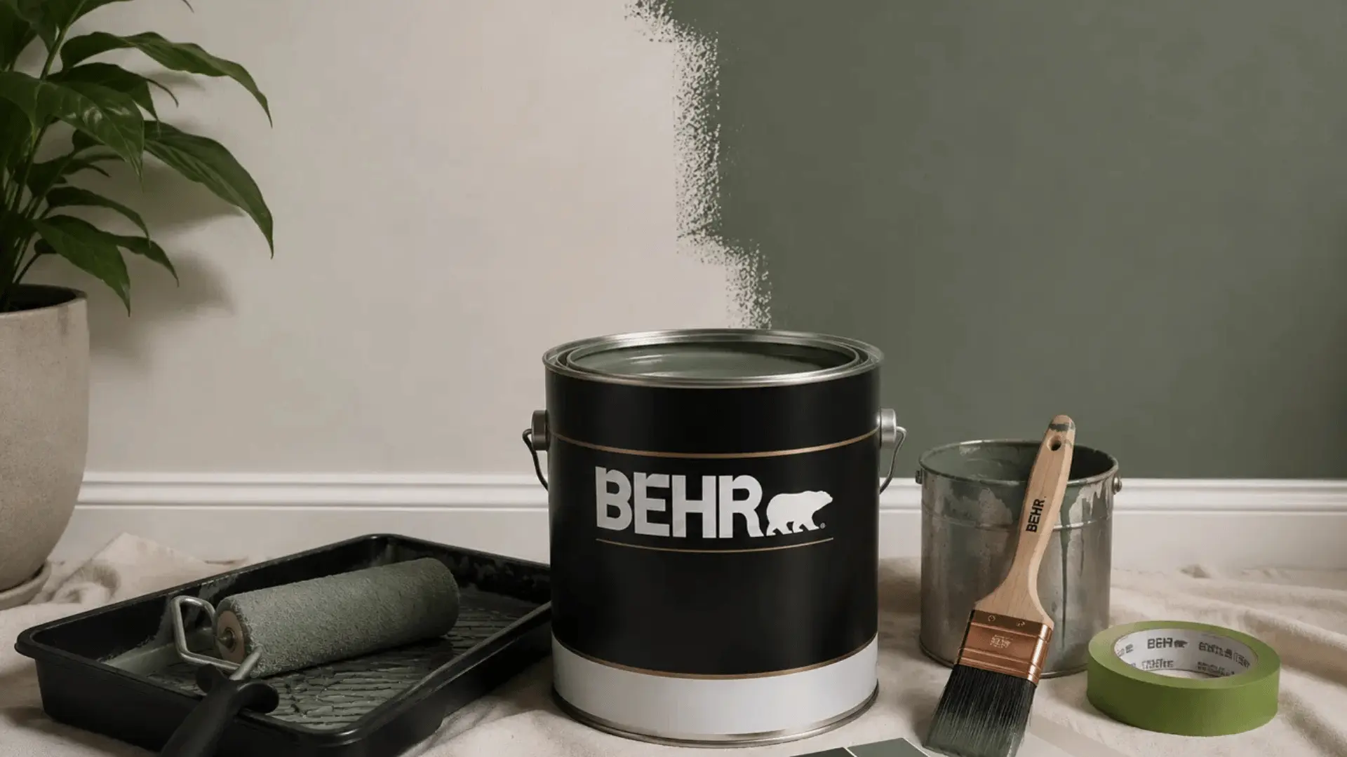 behr paint can with roller tray brush and swatches beside a wall being painted sage green