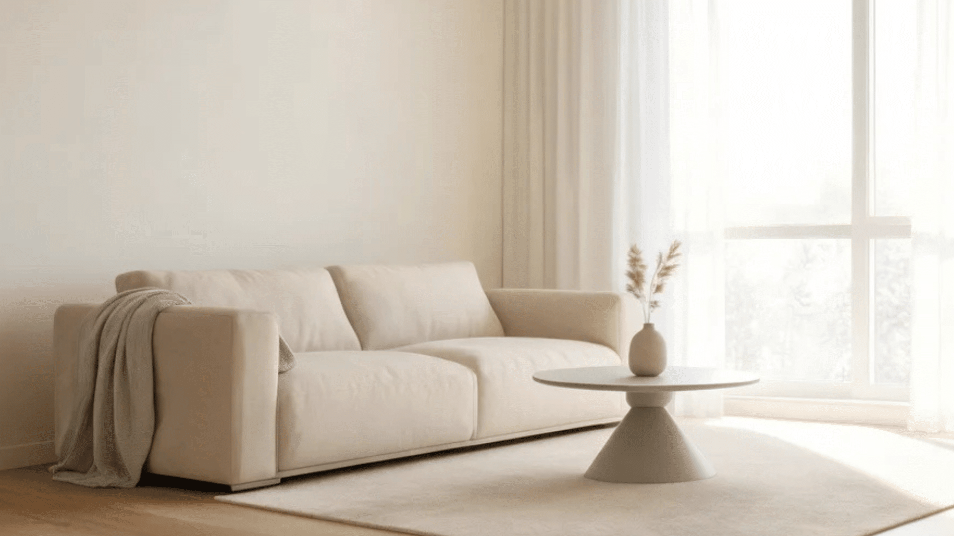 beige sofa with small table in sunlit living room with sheer curtains