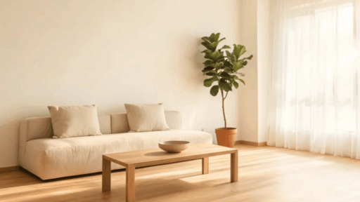 beige sofa with wooden coffee table and potted plant in sunlit room minimalist interior ideas to try this year