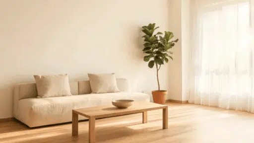beige sofa with wooden coffee table and potted plant in sunlit room minimalist interior ideas to try this year