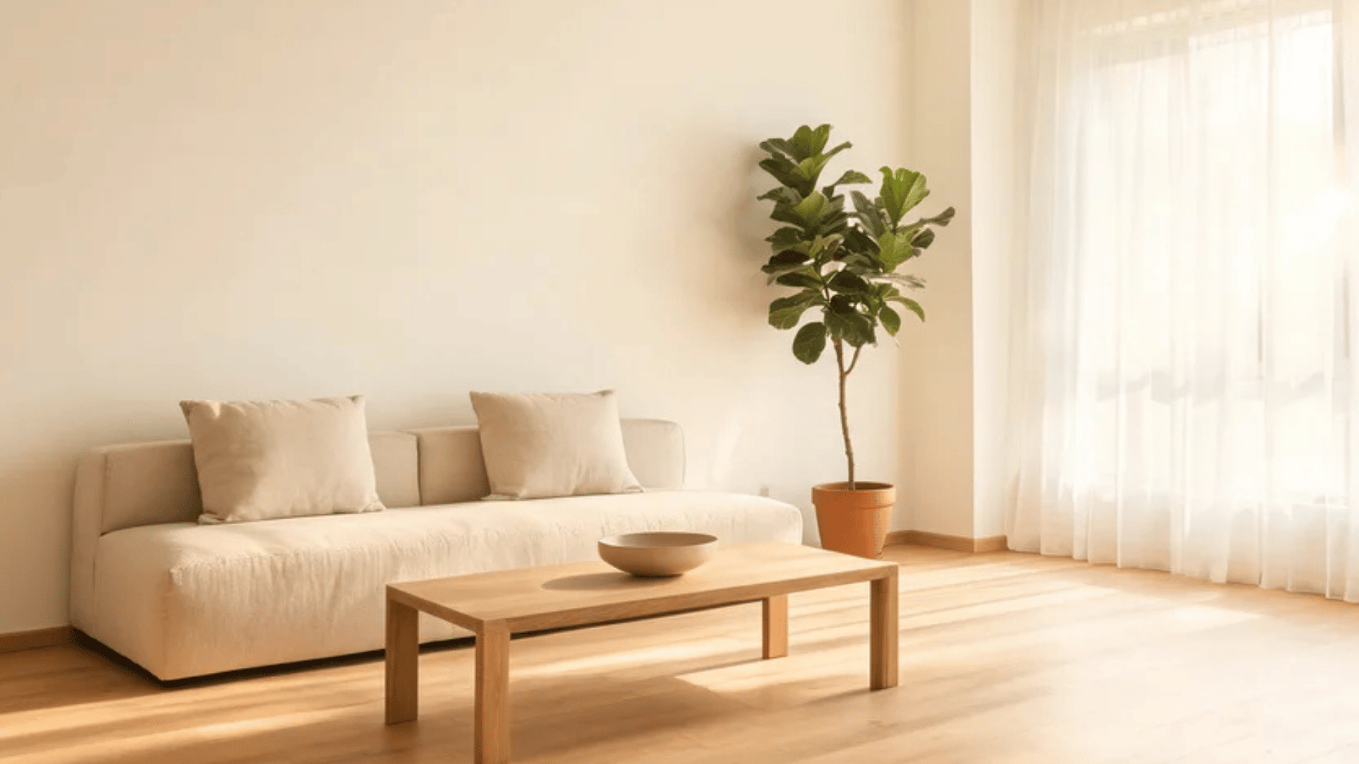 beige sofa with wooden coffee table and potted plant in sunlit room minimalist interior ideas to try this year